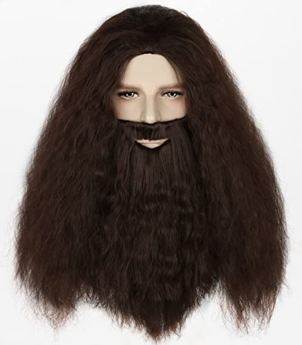 LeMarnia Men's Wig and Beard Dark Brown Wizard Wig with