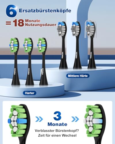 Elektrische Zahnbürste, Schallzahnbürste, Zahnbürste Elektrisch 45000VPM, Aufhellung Der Zähne In 1 Woche, 120 Tage Akkulaufzeit, Batteriestandsanzeige, 6 DuPont-Bürstenköpfe, 5 Modi, Timer, Schwarz – Bild 6