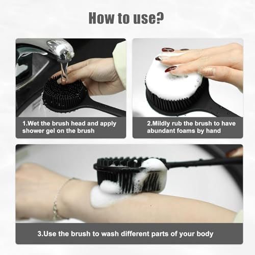 Image of Premium Soft Silicone Back Scrubber Shower Bath Body Brush with Long Handle Dirt Removal Back Scrubber | BPA-Free | For Men and Women (BLACK)