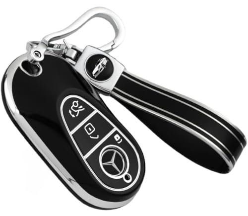 AUTODIFY™ TPU Car Key Cover & Keychain with Keyring & Key Fob Holder Black & Silver Compatible for Mercedes Benz S-Class G-Class E-Class (3 Button Smart Key)