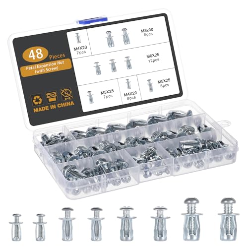 Gueenky 48 Piezas Tacos de Expansión, M4 M5 M6 M8 Tacos Anclaje de Expansion Pared Hueco Tacos Metálicos para Materiales Huecos para Chapa Hierro Chapa Plástico Chapa Aluminio