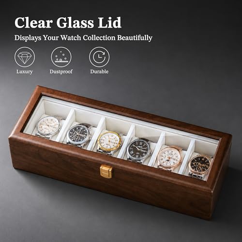 Image of Solid Black Walnut Watch Box, 6 Slot Wooden Watch Organizer with Glass Lid, High-End Watch Display Case Jewelry Storage Box, Gift for Husband, Dad, Birthday, Anniversary, Father's Day, Men and Women
