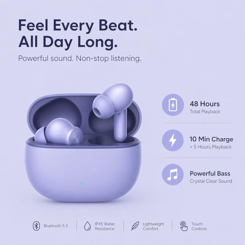 Image of Lynacz Original Premium Bluetooth Earbuds T200 Lite Compatible with Realme, iQOO, Oppo, Vivo with Hi-Res Audio, 12.4mm Dynamic Bass Drivers, ANC & 48 Hours Playback (Aurora Purple)