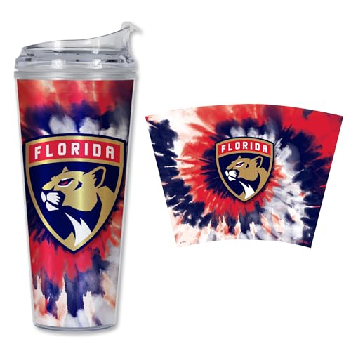 Rico Industries NHL Hockey Florida Panthers Team Color Tie Dye 24oz Metallic Acrylic Tumbler with Hinged Lid, Officially Licensed Double Wall Tumbler with Straw