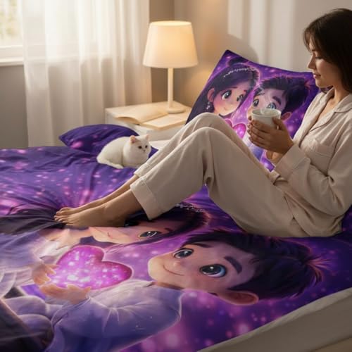 Image of Decor Well 7d Bedsheet for Double Bed King Size with 2 Pillow Covers, Polycotton 220 TC Super Soft & Breathable, Wrinkle Free New Purple Heart Printed Bedsheet Set (90x100 Inch)