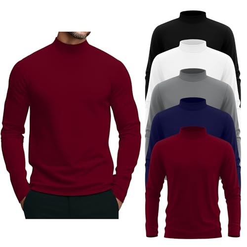 5 Pack Men's Mock Turtleneck Shirts, Long Sleeve Tops Pullover Basic Casual Slim Fit Lightweight T-Shirts Pack