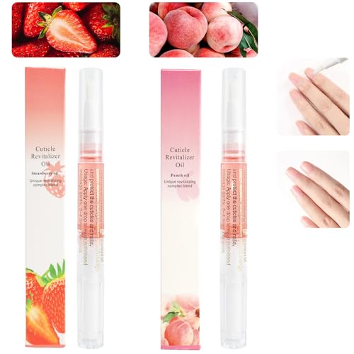 2PCS Cuticle Oil Pens for Nail Care,Cuticle Revitalizer Oil Pen with Soft Brush,Cuticle Oil to Prevent Nail Cracking and Dry (Peach & Strawberry Flavor)