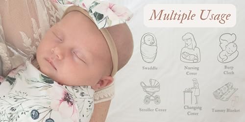 Image of Newborn Floral Print Blanket Baby Stretch Wrap Swaddle Receiving Blanket with Matching Headband and Name Card (Red and Green)