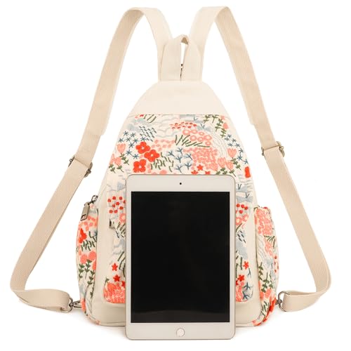 Image of SILKAREA Canvas Sling Backpack Purse for Women Embroidery Travel Multi-purpose Crossbody Backpack Bags Shoulder Bag (Embroidered W)