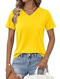 YUCOLEN Yellow Womens V Neck Tshirt Basic UPF 50+ Short Sleeve Shirts Casual Summer Cotton Tops Trendy Solid Loose Fit Tshirt XL