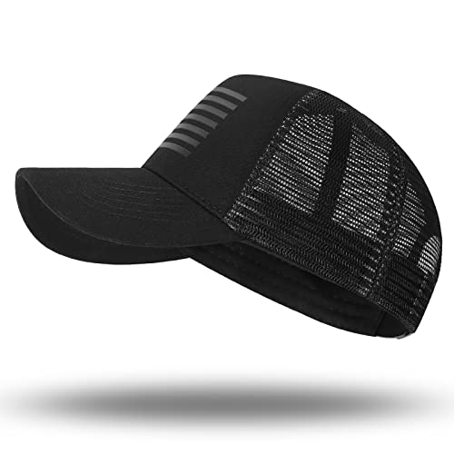 American Flag Trucker Hat - Snapback Hat, Baseball Cap For Men Women - Breathable Mesh Side, Adjustable Fit - For Casual Wear Black/Black #TOP2