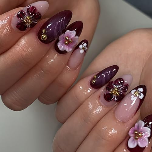 24Pcs Flower Press on Nails Medium Almond Fake Nails Purple Floral Nail Press ons Glossy Full Cover Reusable Stick on Nail for Women Girls Manicure