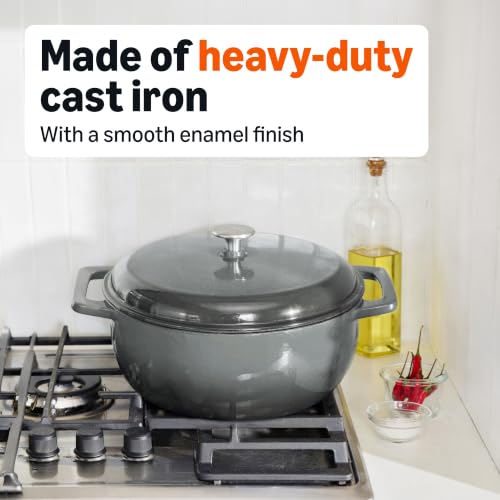 Image of Amazon Basics Enameled Cast Iron Dutch Oven Pot with Lid, Round, Dual Handles, Heavy-Duty, Oven Safe for Stews, Roasting, Baking, 7.3-Quart, Gray