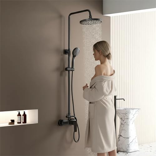 KOMIRO Colonne de Douche avec Mitigeur Mécanique, Ensemble de Douche Réglable en Hauteur, Mitigeur Douche Set, Noir, Rond