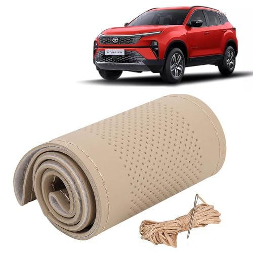 Image of KINGSWAY PU Leatherite Car Steering Cover Sewable Compatible with Tata Harrier (Year 2023 Onwards), Beige Color with Beige Thread, Pack of 1 with Sewing Needle and Thread