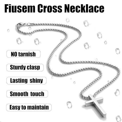 Fiusem Cross Necklace for Men, Silver/Gold/Black Mens Cross Necklaces with 2.5mm Cross Chain and Stainless Steel Cross Pendant, Box Chain 16-24 Inch4