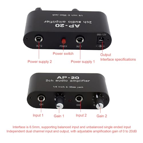 Tonvorverstärker Zweikanal Mikrofon Verstärkervorverstärker 1/4 Zoll 6.35mm 0-20DB Verstärkung DC5V-12V