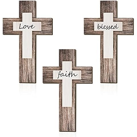 3 Pieces Christmas Cross Wall Decor Faith Love Blessed Wooden Decoration Rustic Vintage Cross Wall Art Religious Love Hanging Sign Inspirational Cross Decor Farmhouse Home Hanging Decor (Wood) Cover