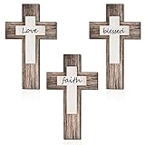 Yalikop 3 Pieces Wooden Cross Wall Decor Christians Cross Sign Faith Love Blessed Wooden Decoration Rustic Vintage Wall Art Religious Hanging Sign Inspirational Farmhouse Home Hanging Decor
