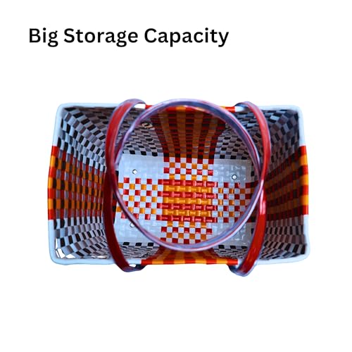 Image of Hand Made Multipurpose Plastic Basket with Lid | Eco-Friendly, Washable, Rust-Free Storage Basket for Kitchen, Picnic, Toys, Travel, Office | Lightweight basket (Red with Light blue, Small)