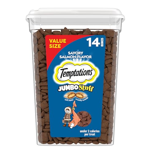 Temptations Jumbo Stuff Crunchy and Soft Cat Treats, Savory Salmon Flavor, 14 oz. Tub