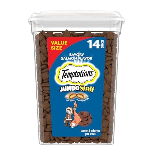 Temptations Jumbo Stuffed Cat Treats, Crunchy and Soft Cat Treats, Savory Salmon Flavor, 14 oz. Tub