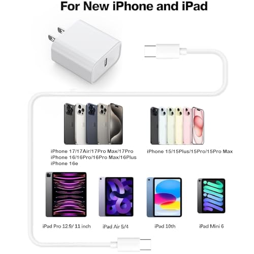 Fast Charging for iPhone 17 16 15 Charger,2Pack 20W USBC Wall Charger Travel Plug Block Phone 16e Charging Cable for iPhone 17 Air/17 Pro/17 Pro Max/16 Pro/16 Pro Max/16 Plus/15/15 Pro/15 Pro Max/iPad