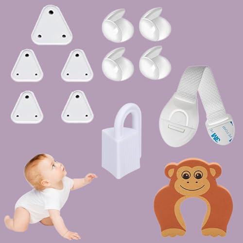 Image of Safe-O-Kid Room Safety Combo - 12-Piece Baby Proofing Kit with 1 Hinge Lock, 4 Ball Shaped Corner Guards, 5 Socket Covers, 1 Monkey Shaped Door Stopper &1 Nylon Lock