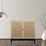 Wekity Buffet Cabinet, Rattan Cabinet with Adjustable Shelf & 2 Doors, Wooden Kitchen Storage Cabine