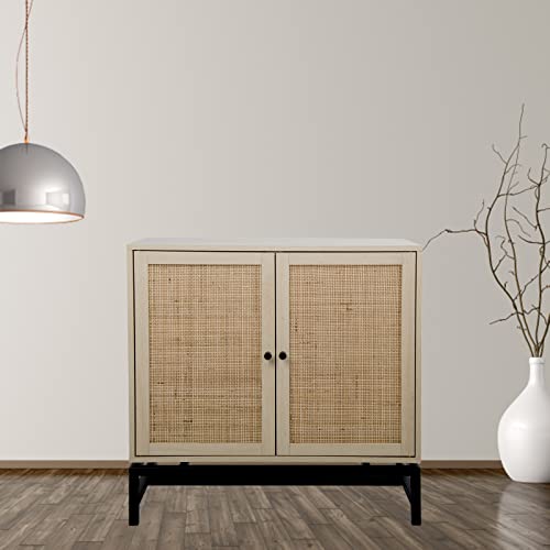 Wekity Buffet Cabinet, Rattan Cabinet With Adjustable Shelf & 2 Doors, Wooden Kitchen Storage Cabinet For Hallway Living Room Bedroom Dining Room Bar, 31.5X 15.75X 31.5 Inches (Yellow) #TOP18