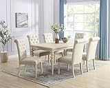 Roundhill Furniture Amonia 7-Piece Dining Set, Turned-Leg Dining Table with 6 Tufted Chairs, Tan