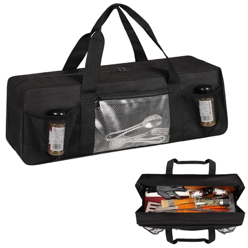 Frjjthchy Grill Tool Storage Bag Large Grill Utensil Storage Caddy with Pockets Portable Grill Accessory Storage Bag for Outdoor Camping & BBQ (Black)