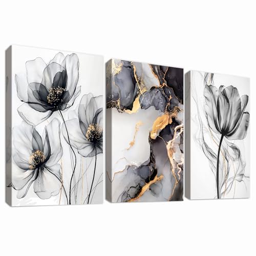 3 Pcs Marco de Madera Cuadro Moderno Lienzo Decorativos Pintura Mármol Negro Oro Abstracto Imagen Acuarela Amapola Flores Cuadros Decoracion Salon Dormitorios Pasillo Decoracion Pared 30cmx40cmx3