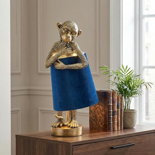 Monkey Table Lamp Gold Resin Sculpture Hardback Blue Velvet Shade 21