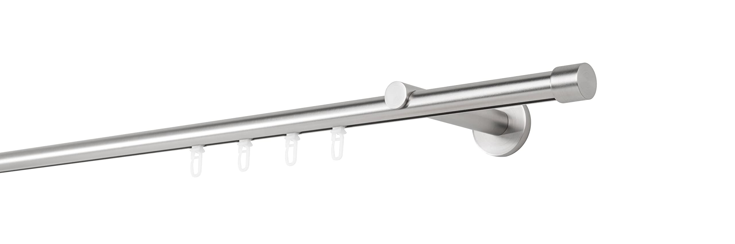 Gardinenstange auf Maß Innenlauf 20mm Cap 1-lauf Vorhangstange Wandträger 12cm Stilgarnitur Gleiter für Vorhänge Edelstahl-Optik 260cm