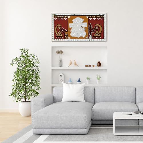 Image of Ethnics of Kutch Traditional Kutch Handicraft Mud-Mirrorwork Lippan Kam Wall Art (Water and Break Resistant) - Rectangle (24 Inch x 12 Inch) - (White - LKT-0410)