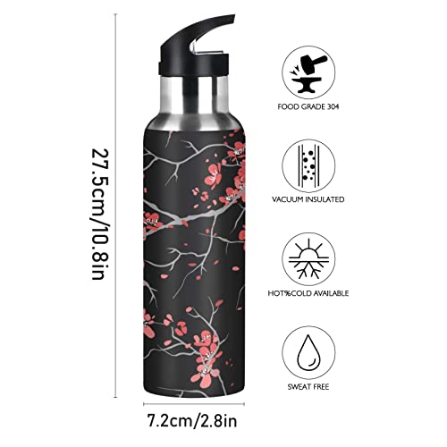 Qilmy Water Bottle With Straw Lid Leakproof Vacuum Insulated Stainless Steel Cherry Blossom Sakura Flower Floral Sport Water Bottles 20 Oz #TOP1