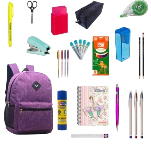 Kit Material Escolar Completo 33 Item Com ou Sem Mochila Caneta Caderno Grampeado Lista Premium 2026 (LILA)