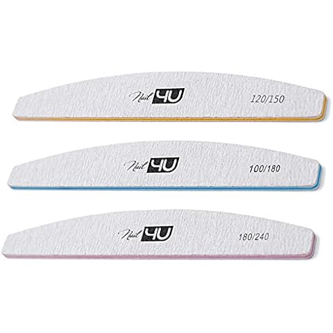 Set of 3 Nail Files Half Moon Professional Emery Boards for False Nails Acrylic Gel Tips Manicure tools by Nail4U Double sided Nail File Different Gradation 120/150 100/180 180/240 Grit Cover