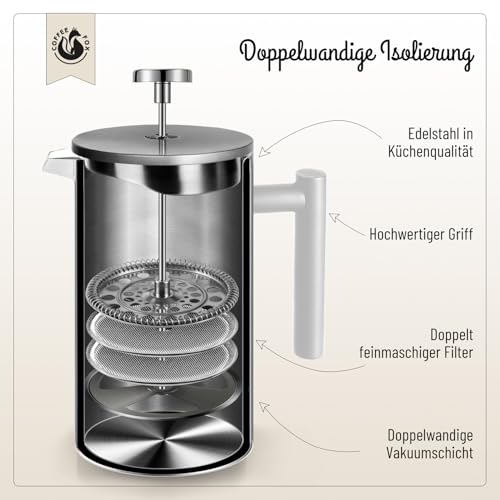 COFFEE FOX® French Press 1 Liter – Thermo Kaffeebereiter aus Edelstahl – Ansicht 3