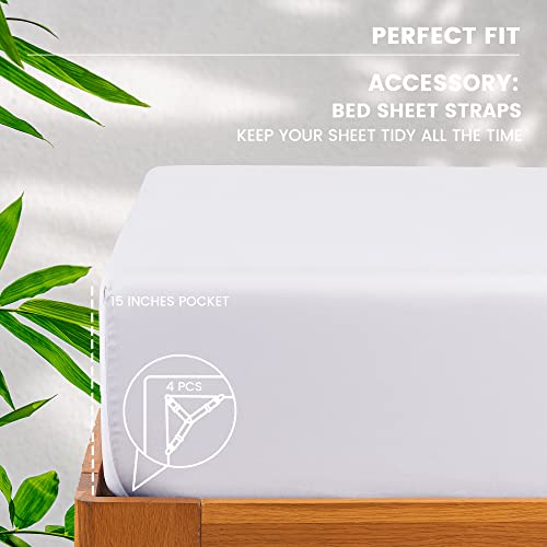 Naturefield 4Pcs Bamboo Sheets Queen 100% Organic Bamboo Cooling Sheets 240Tc Bamboo Bed Sheets Soft Breathable With Sheet Straps 1 Flat Sheet, 1 Fitted Sheet, 2 Pillowcases White #TOP1