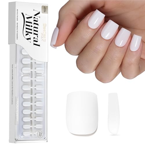 Image of Beetles Short Square Press on Nails, Milky White Fake Nail Tips 150Pcs | Soft Gel False Nails with 15 Sizes for DIY Fit Matching and Soak-Off Removal