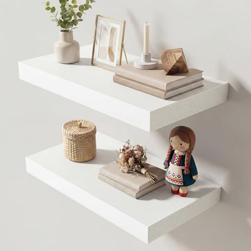 Image of Dreamland 16 Inches Floating Shelves for Wall, 9.3 inch Deep Long Floating Shelves Set of 2, Large Display & Storage Shelf, Wall Shelf for Bathroom Bedroom Living Room Kitchen Office, White