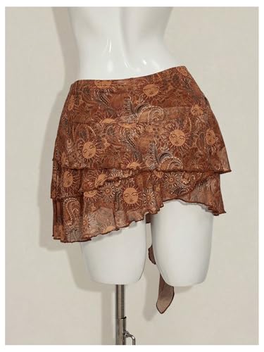 Milumia Women's Boho Printed Ruffle Layered Mini Skirt Tie Knot Low Waist Short Skirts3
