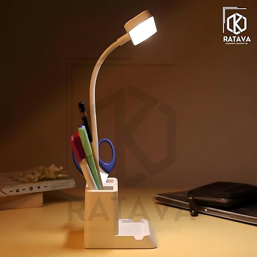 Image of Rechargeable 3-Color LED Desk Lamp with Phone Holder & Pen Stand - Adjustable Brightness Study Light for Students, Kids, Office - Touch Control, Eye Protection, Portable Desk Lighting (White)