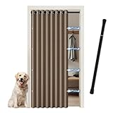 JCyh Cortina Plegable para Puerta con Barra Telescópica - Sin Perforaciones para Fácil Instalación - Cortina Opaca Magnética para Cocina, Marrón