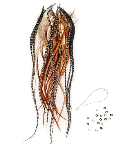Sexy Sparkles Feather Hair Extension – 25 Loose Long Natural Rooster Feathers in Brown, Beige, and Grizzly, All Individual Feathers, Ranging From 6 to 11 Inches in Length