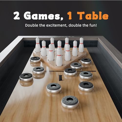 Efficraft Shuffleboard Table, 12 ft Shuffleboard for Family Game Rooms, 2 in 1 Shuffleboard and Bowling Combo Game Set, with X-Shaped Legs, 10 Pucks, Bowling Set, Wax, and Table Brush - Thumbnail 2