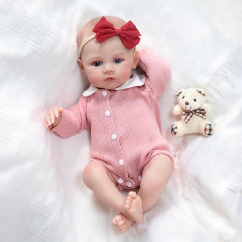 QIZWOD 18 Inch Pouting Reborn Baby Doll - Weighted Soft Cloth Body Hand-Painted Hair & Blue Eyes Realistic Awake Girl ASTM CPC Certified Gift for Granddaughters 3+