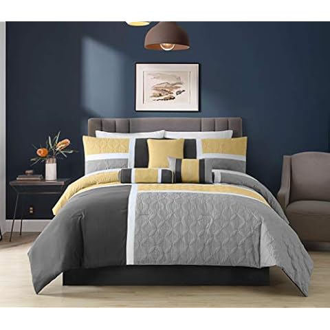 Chezmoi Collection Upland 7-Piece Quilted Patchwork Comforter Set, Yellow/Charcoal/Gray, Queen Cover